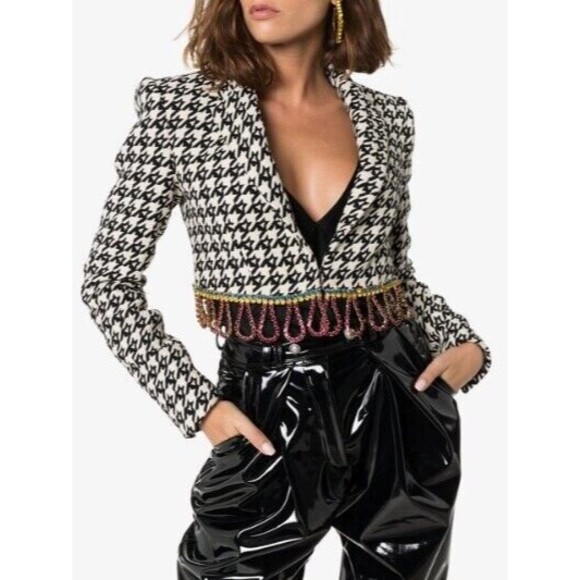 $1,580 AREA Crystal Fringe Houndstooth Wool Blend Bolero Jacket Women’s Size 2 - Picture 7 of 12